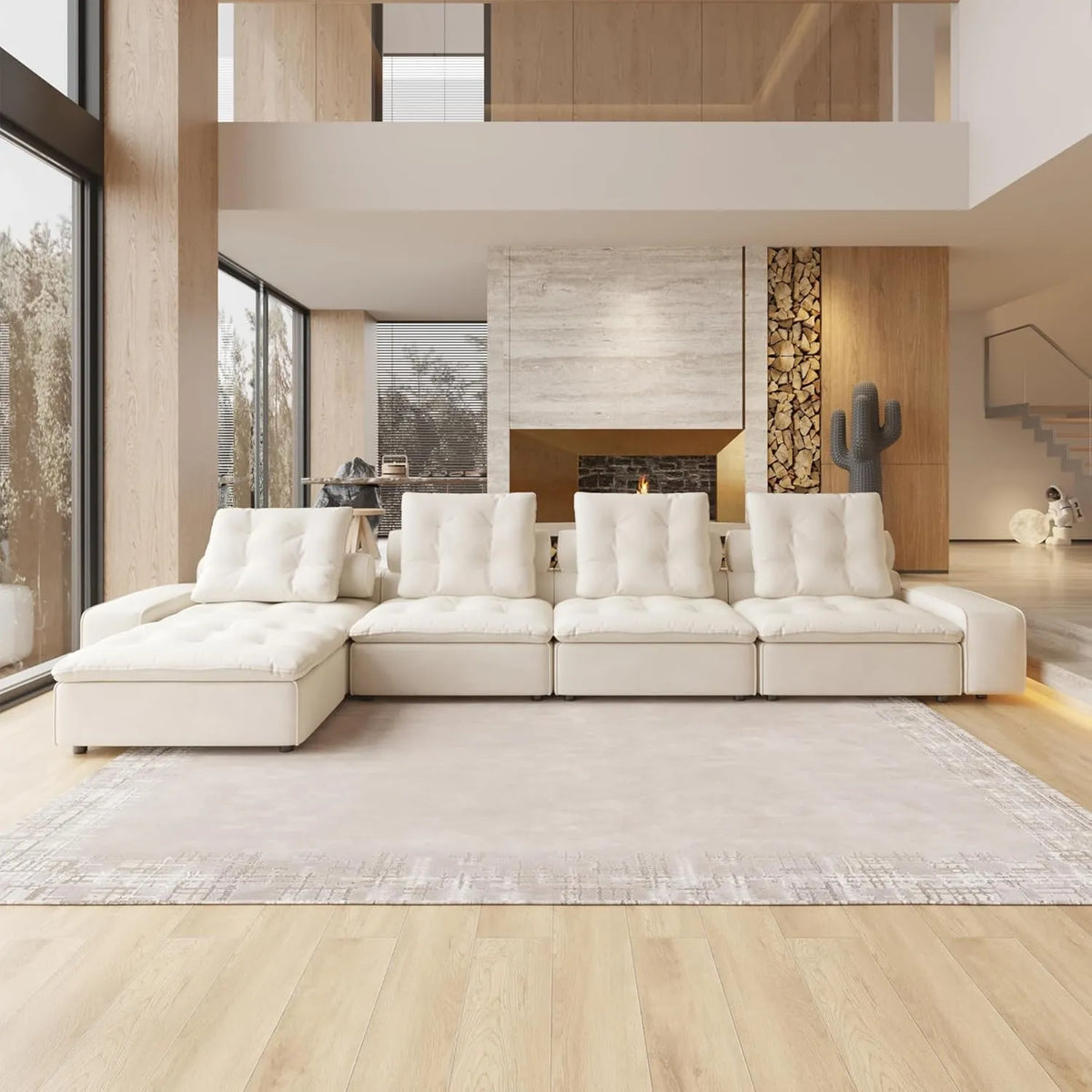 Deluxe Adjustable Cloud Sectional Sofas | 5-Piece Beige Frosted Velvet L-Shaped Sectionals 4-Seater