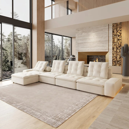Deluxe Adjustable Cloud Sectional Sofas | Beige Frosted Velvet L shaped Sectionals 4-seaters with 1 Ottoman