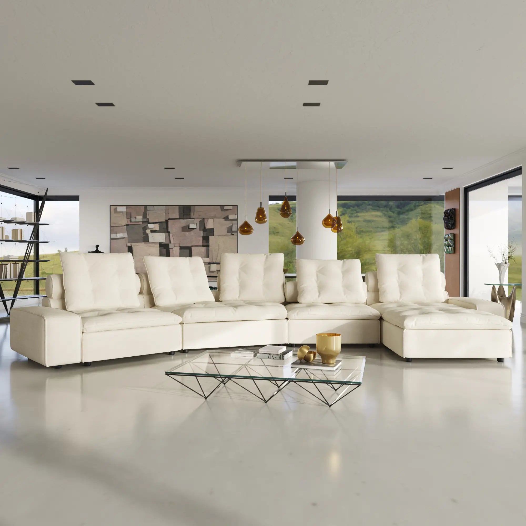 Deluxe Adjustable Cloud Sectional Sofas | 5-Piece Beige Frosted Velvet L-Shaped Sectionals 5-seater