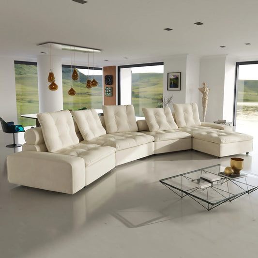 Deluxe Adjustable Cloud Sectional Sofas | 5-Piece Beige Frosted Velvet L shaped Sectionals 5-seaters