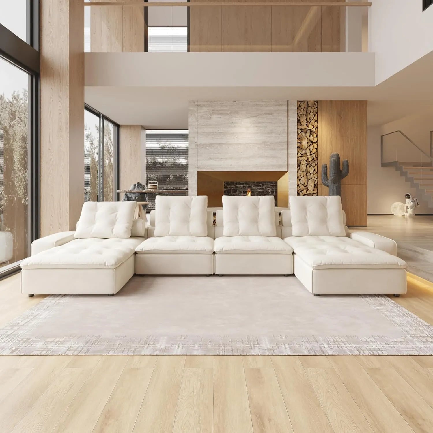 Deluxe Adjustable Cloud Sectional Sofas | 6-Piece Beige Frosted Velvet U-Shaped Sectionals 4-seater