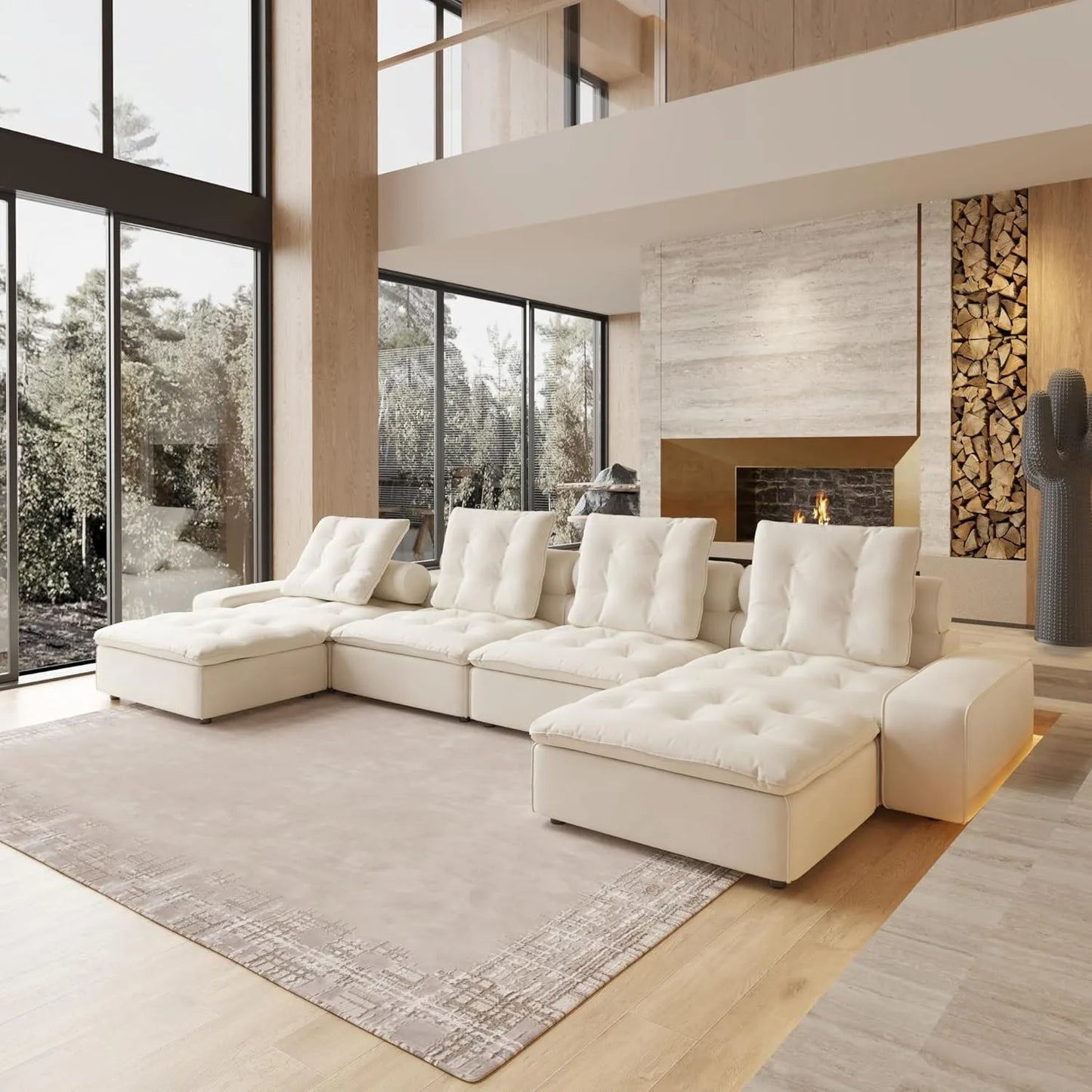 Deluxe Adjustable Cloud Sectional Sofas | Beige Frosted Velvet U shaped Sectionals 4-seaters