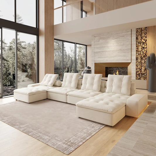 Deluxe Adjustable Cloud Sectional Sofas | Beige Frosted Velvet U shaped Sectionals 4-seaters