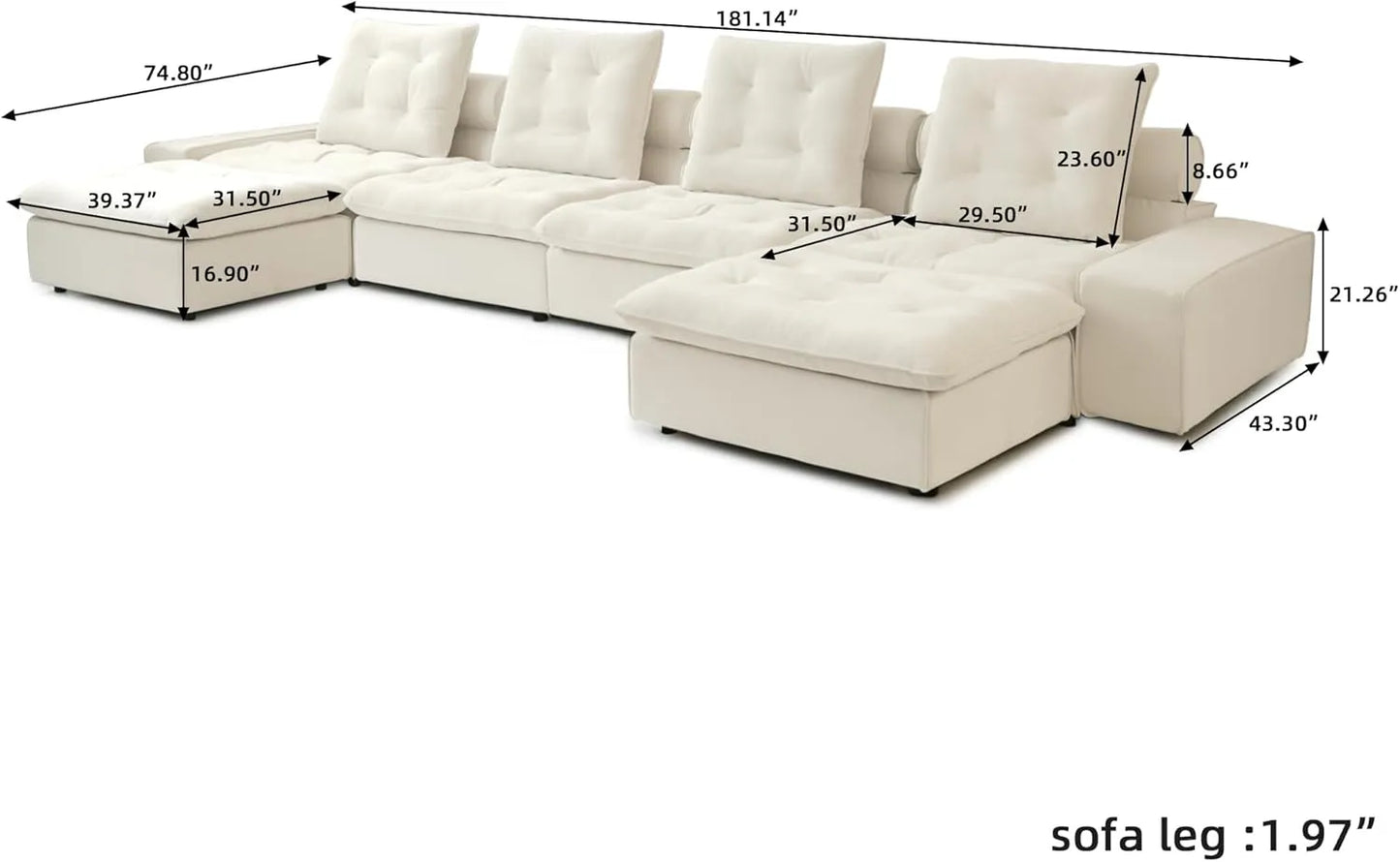 Deluxe Adjustable Cloud Sectional Sofas | Beige Frosted Velvet U shaped Sectionals 4-seaters