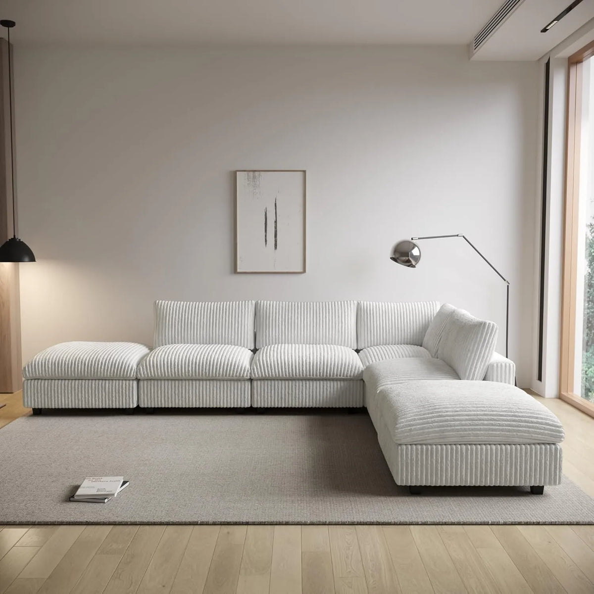 Deluxe Cloud 4-Seater Beige Washable L-Shaped Sectional | 6-Piece (includes 2 Ottomans), Plush Fabric, Modular Design