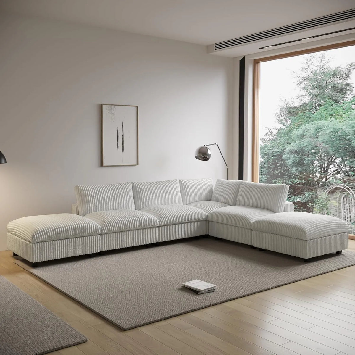 Deluxe Cloud 4-Seater Beige Washable L-Shaped Sectional | 6-Piece (includes 2 Ottomans), Plush Fabric, Modular Design