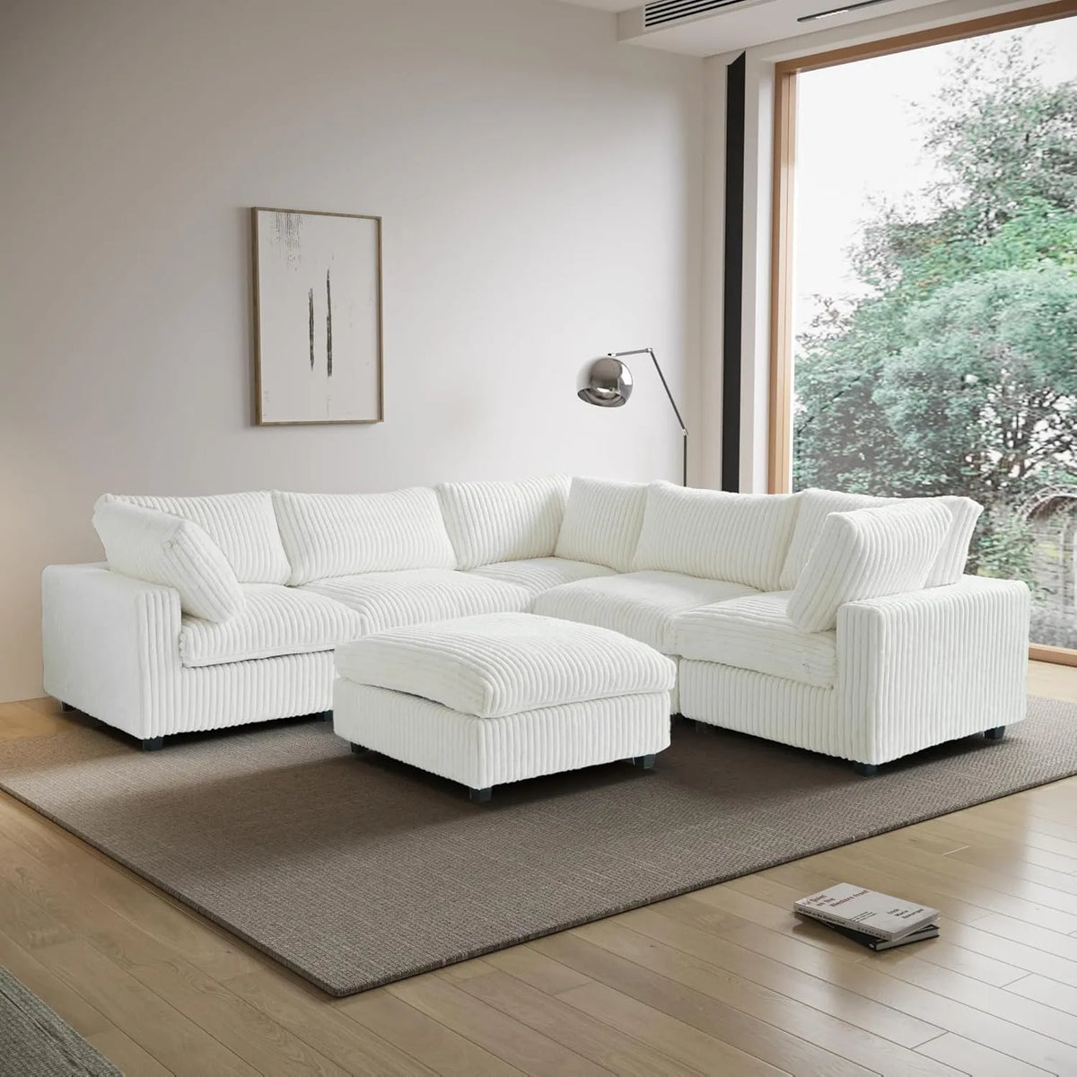 Deluxe Cloud 5-Seater Beige Washable Sofa Set | 6-Piece (includes 1 Ottoman), Plush Fabric, Modular Design