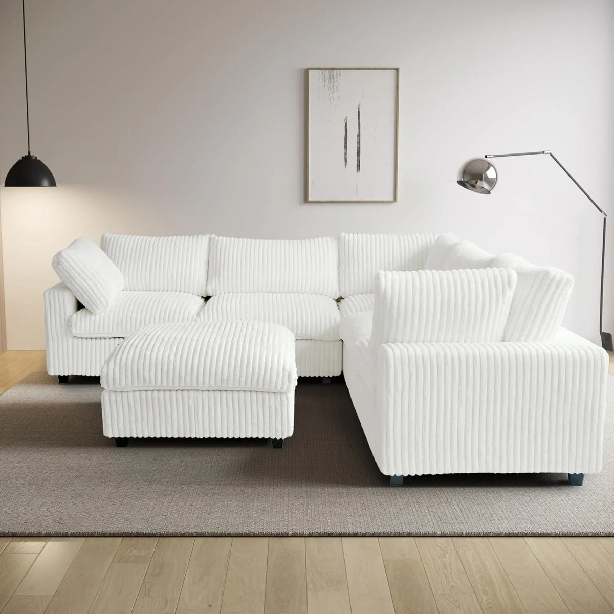 Deluxe Cloud 5-Seater Beige Washable Sofa Set | 6-Piece (includes 1 Ottoman), Plush Fabric, Modular Design