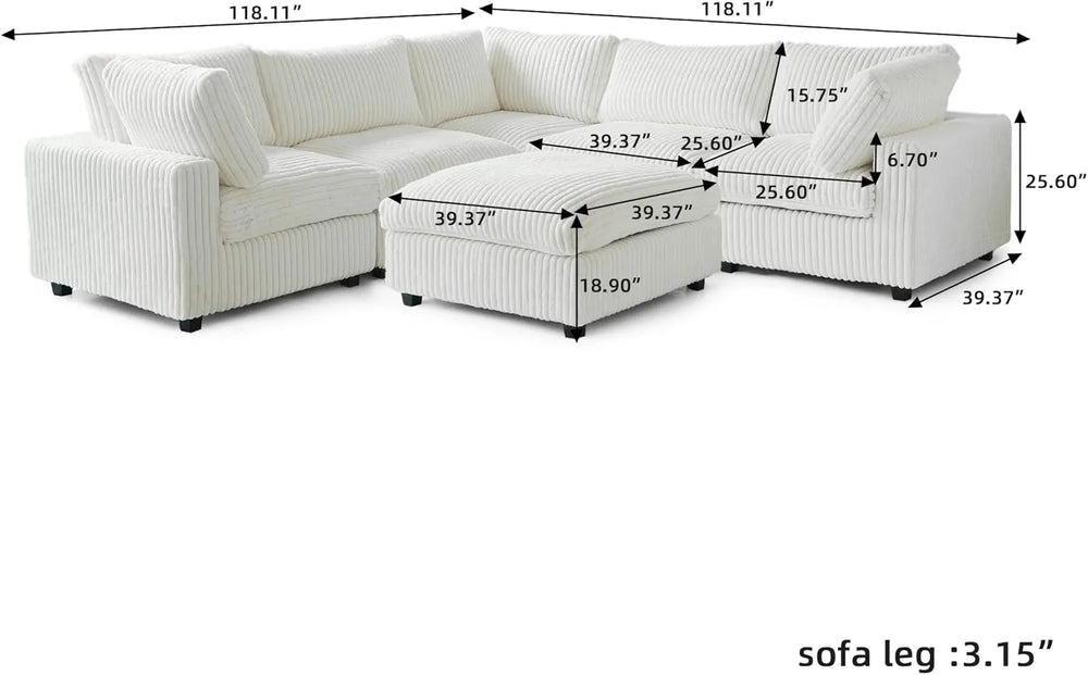Deluxe Classic Cloud Sectional Sofas | Beige Plush Fabric U shaped Sectionals 5-seaters with 1 Ottoman