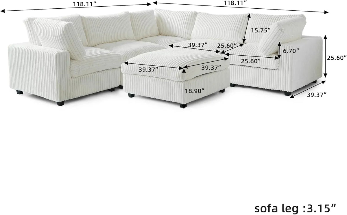 Deluxe Cloud 5-Seater Beige Washable Sofa Set | 6-Piece (includes 1 Ottoman), Plush Fabric, Modular Design