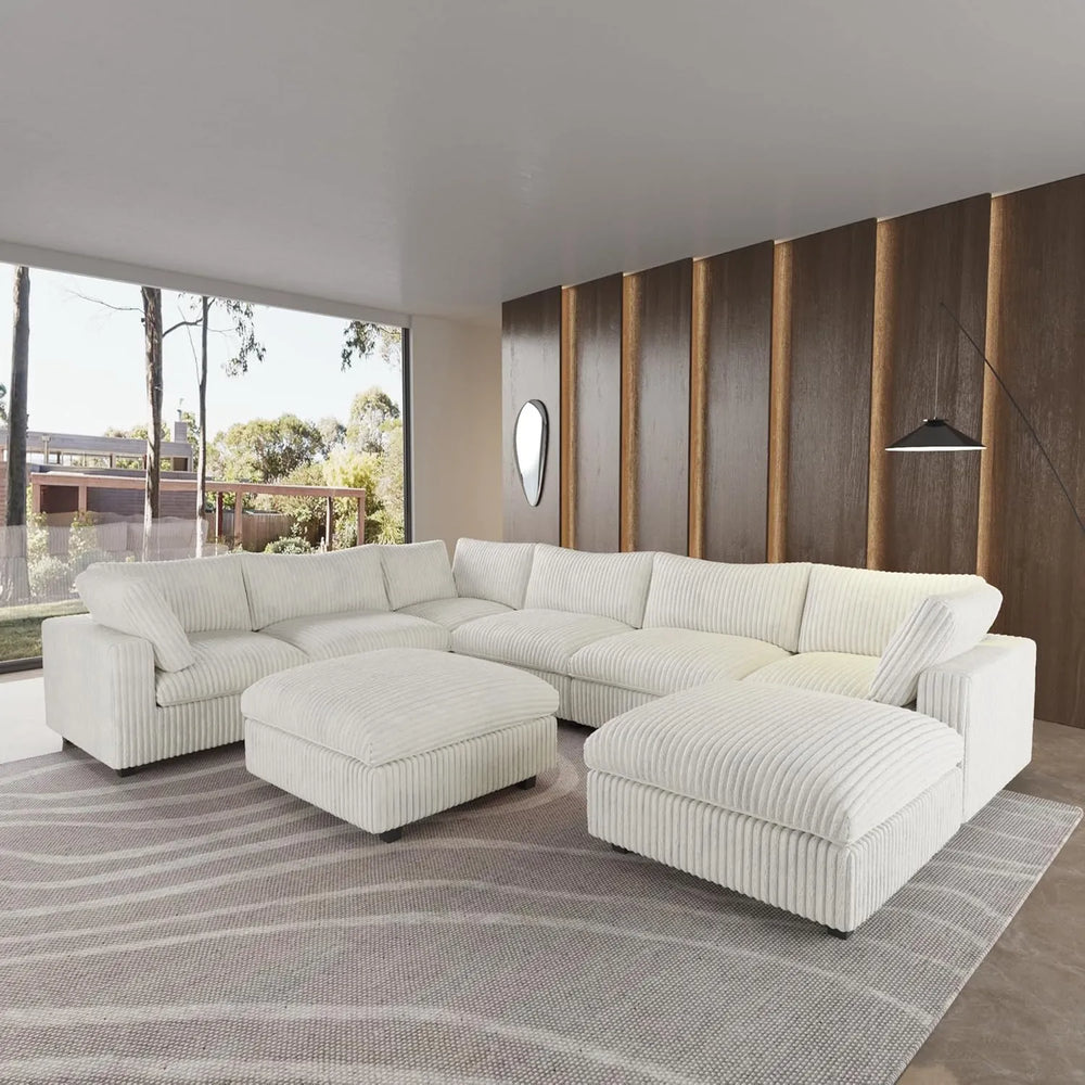 Deluxe Classic Cloud Sectional Sofas | Beige Plush Fabric U shaped Sectionals 6-seaters