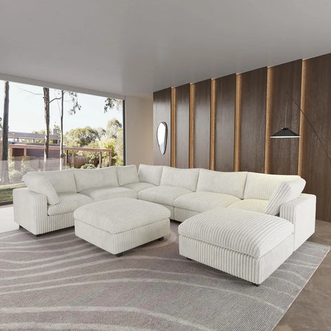 Deluxe Cloud 6-Seater Beige Washable Sofa Set | 8-Piece (includes 2 Ottomans), Plush Fabric, Modular Design