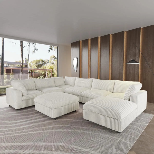 Sofás seccionales Deluxe Classic Cloud | Conjuntos de sofás de 8 piezas en tela afelpada beige de 6 plazas