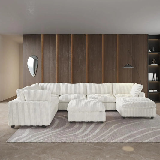 Deluxe Classic Cloud Sectional Sofas | Beige Plush Fabric U shaped Sectionals 6-seaters