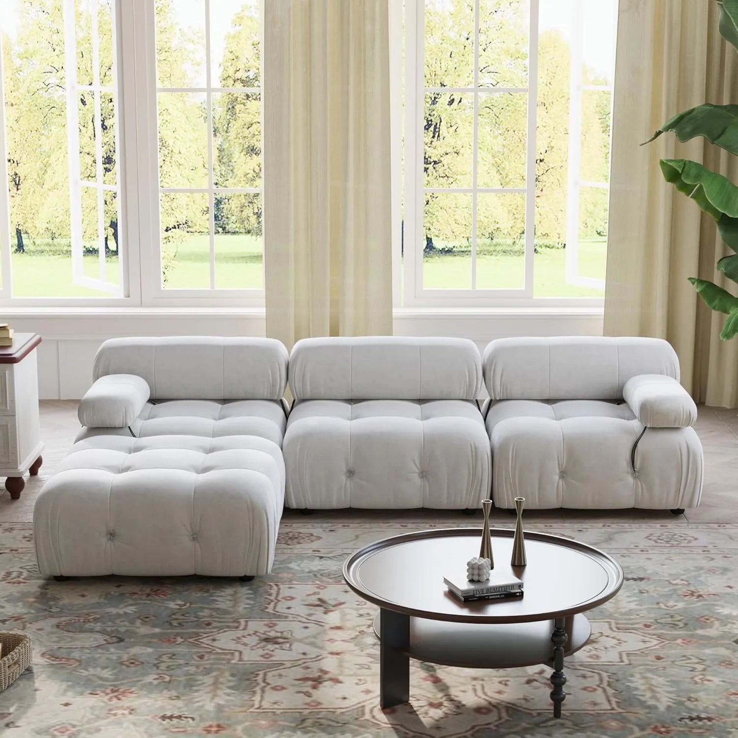 Matrix 3-Seater Beige Modular L-Shaped Sectional | 4-Piece (includes 1 Ottoman), Velvet Fabric, Large Space