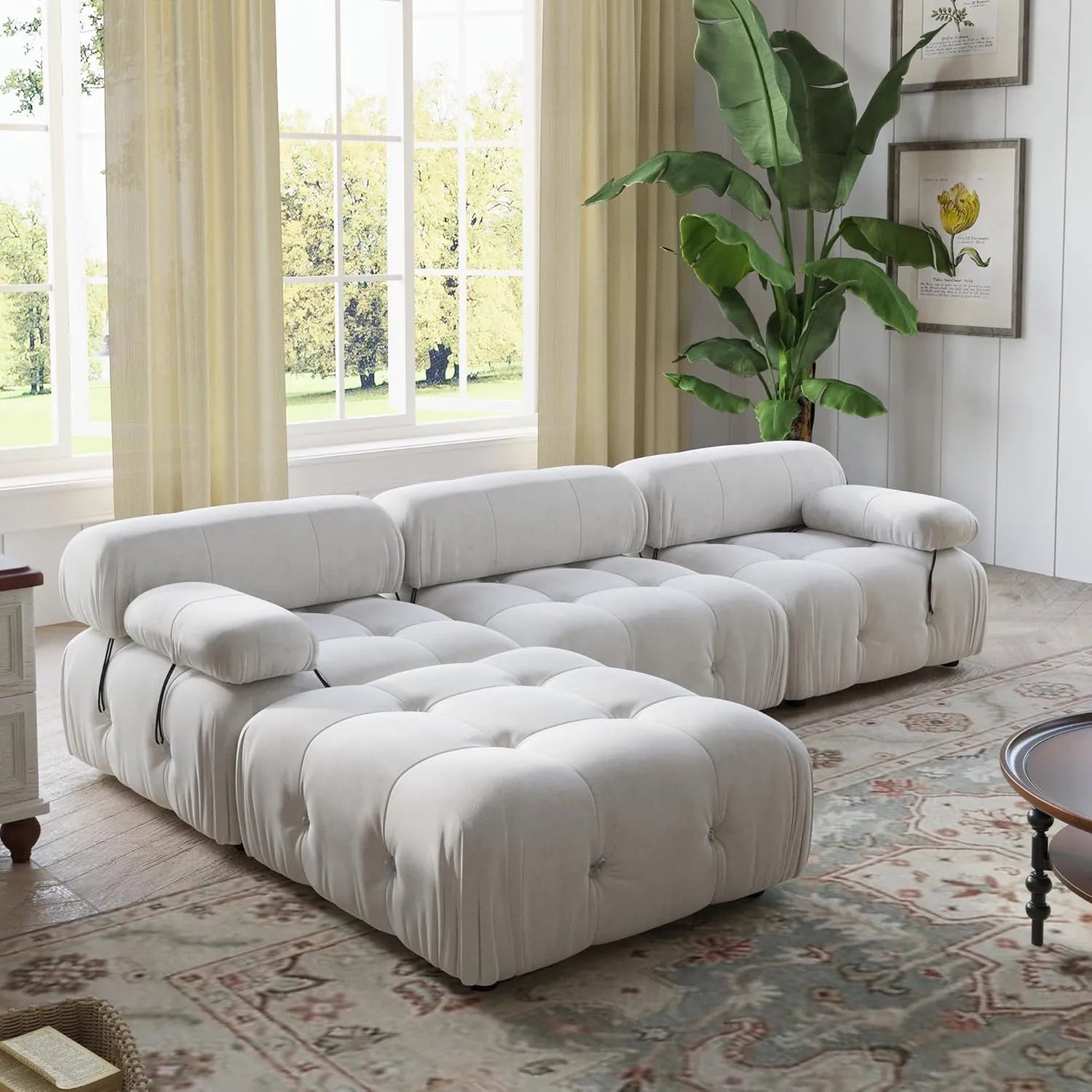 Matrix 3-Seater Beige Modular L-Shaped Sectional | 4-Piece (includes 1 Ottoman), Velvet Fabric, Large Space