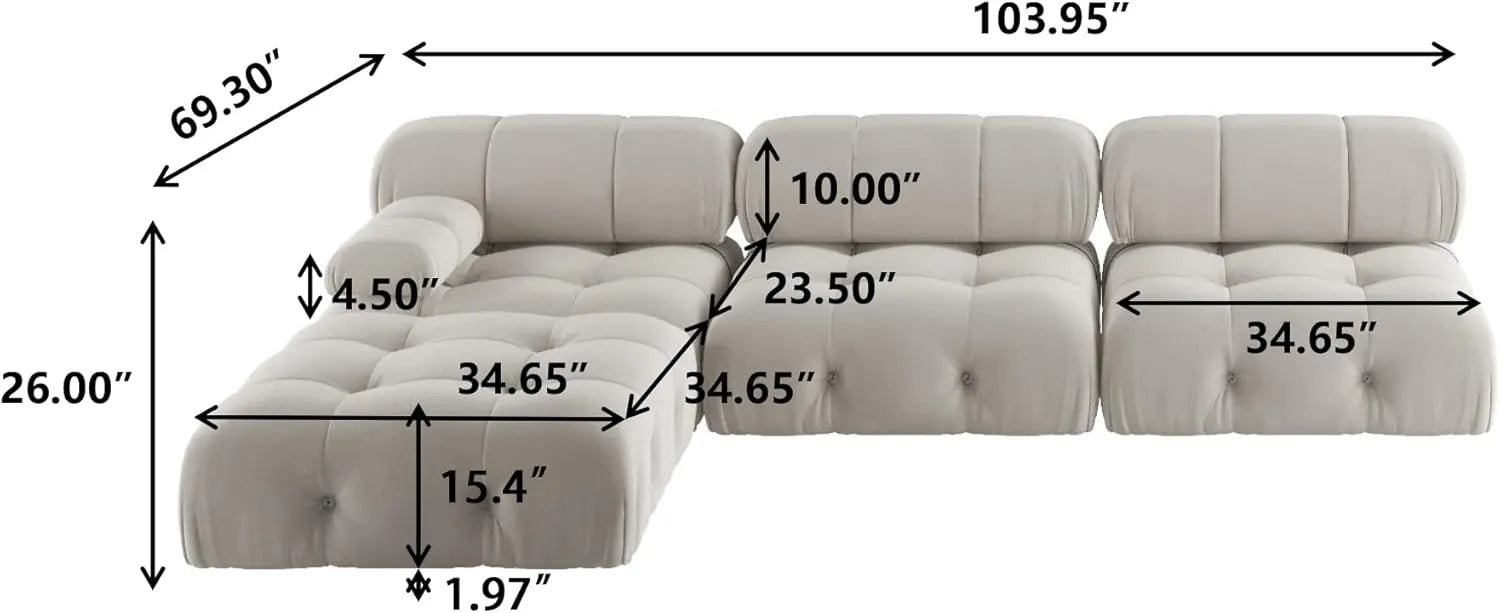 Matrix 3-Seater Beige Modular L-Shaped Sectional | 4-Piece (includes 1 Ottoman), Velvet Fabric, Large Space