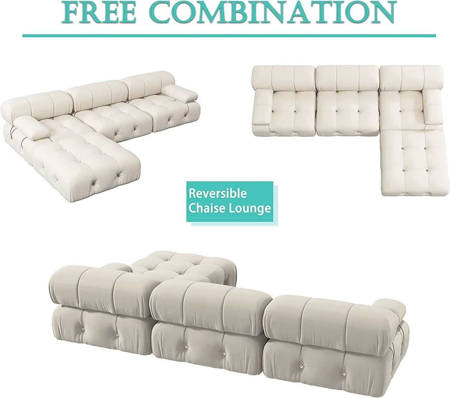 Matrix Minimalist Modular Sofas | Beige Velvet Couch Sectionals 3-seaters with 1 Ottoman