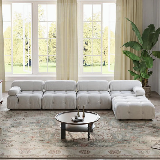 Matrix Minimalist Modular Sofas | Beige Velvet Couch Sectionals 4-seaters with 1 Ottoman