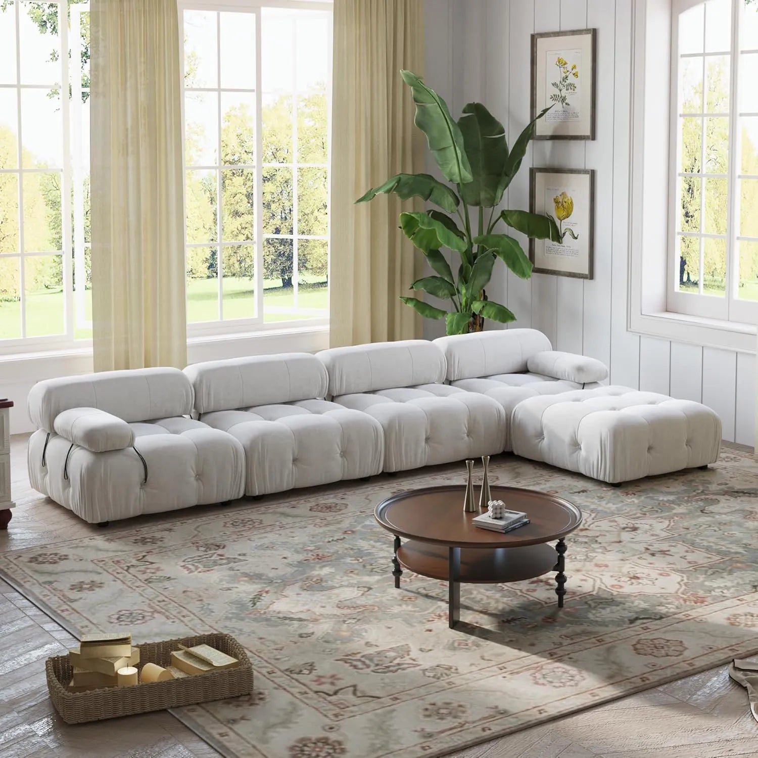Sofá modular en forma de L Matrix de 4 plazas, color beige | 5 piezas (incluye 1 otomana), tela de terciopelo, diseño espacioso