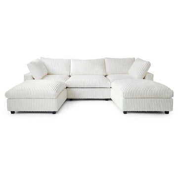 Deluxe Classic Cloud Sectional Sofas Covers | Beige Plush Fabric Sofa Covers for 3-Seater With 2 Ottomans
