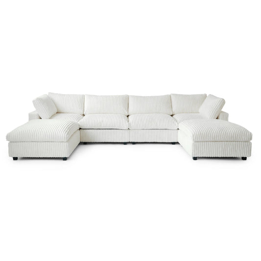 Deluxe Classic Cloud Sectional Sofas Covers | Beige Plush Fabric Sofa Covers for 4-Seater With 2 Ottomans