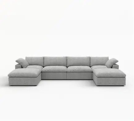 Sofá seccional en forma de U Deluxe Cloud de 4 plazas, color gris claro con almacenamiento | Juego de 6 piezas (incluye 2 otomanas), tejido de algodón y lino, fundas lavables