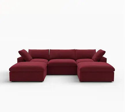 Sofá Seccional en U de 3 Plazas Deluxe Cloud de Terciopelo Color Claret | 5 Piezas (Incluye 2 Otomanas), Asientos para Sala Familiar, Fácil de Limpiar, Diseño Elegante