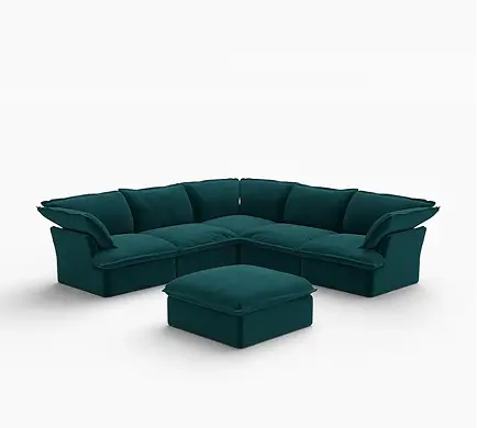 Sofá de 5 plazas Deluxe Cloud Turquesa con Almacenamiento | 6 piezas (incluye 1 otomana), Tejido de Terciopelo, Fundas Lavables