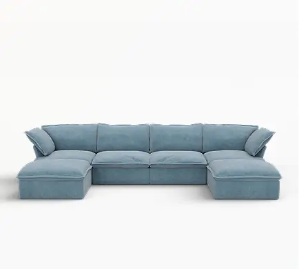 Sofá seccional de lujo color azul claro nube de 4 plazas con forma de U y almacenamiento | 6 piezas (incluye 2 otomanas), tela de terciopelo, fundas lavables