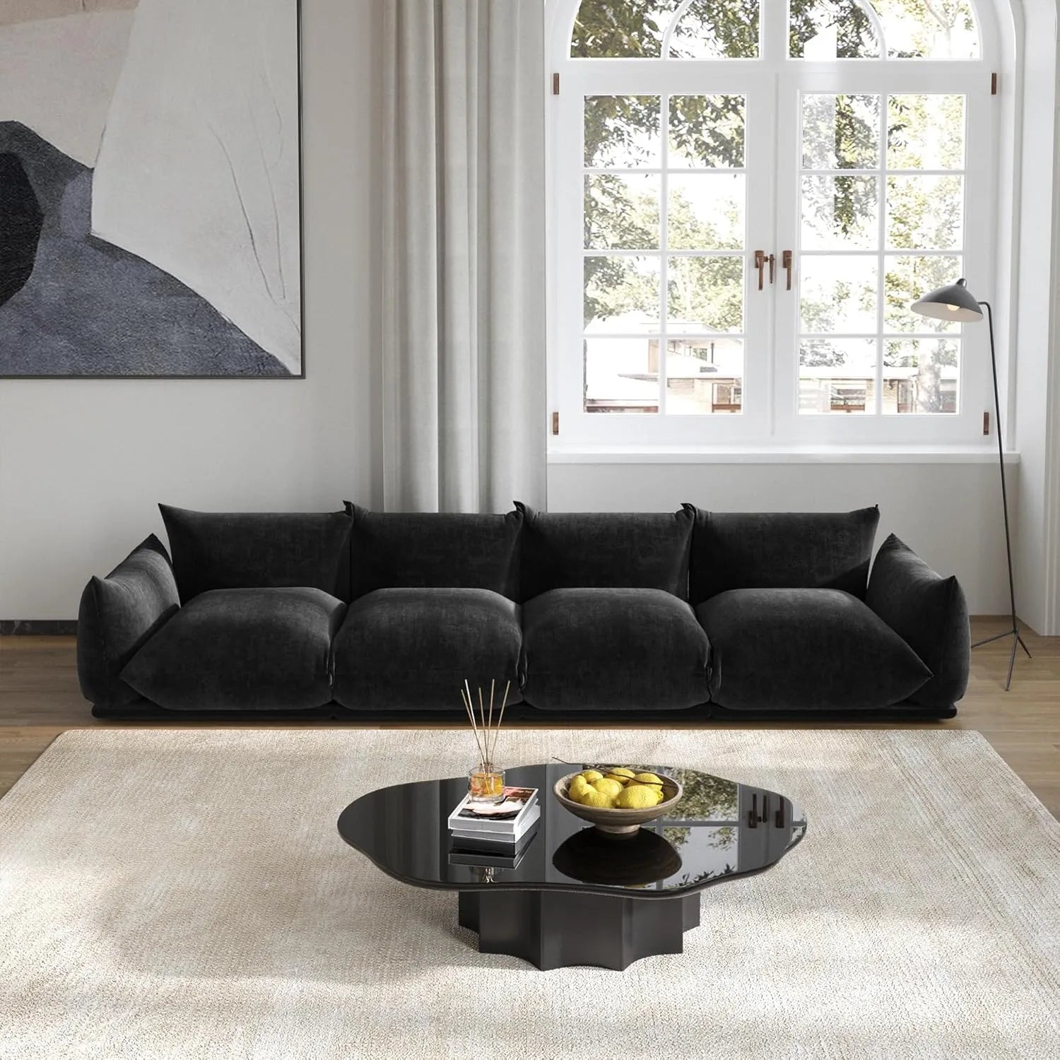 Sofá modular seccional Matrix de 4 plazas en color negro | 4 piezas, tela de chenilla, diseño espacioso