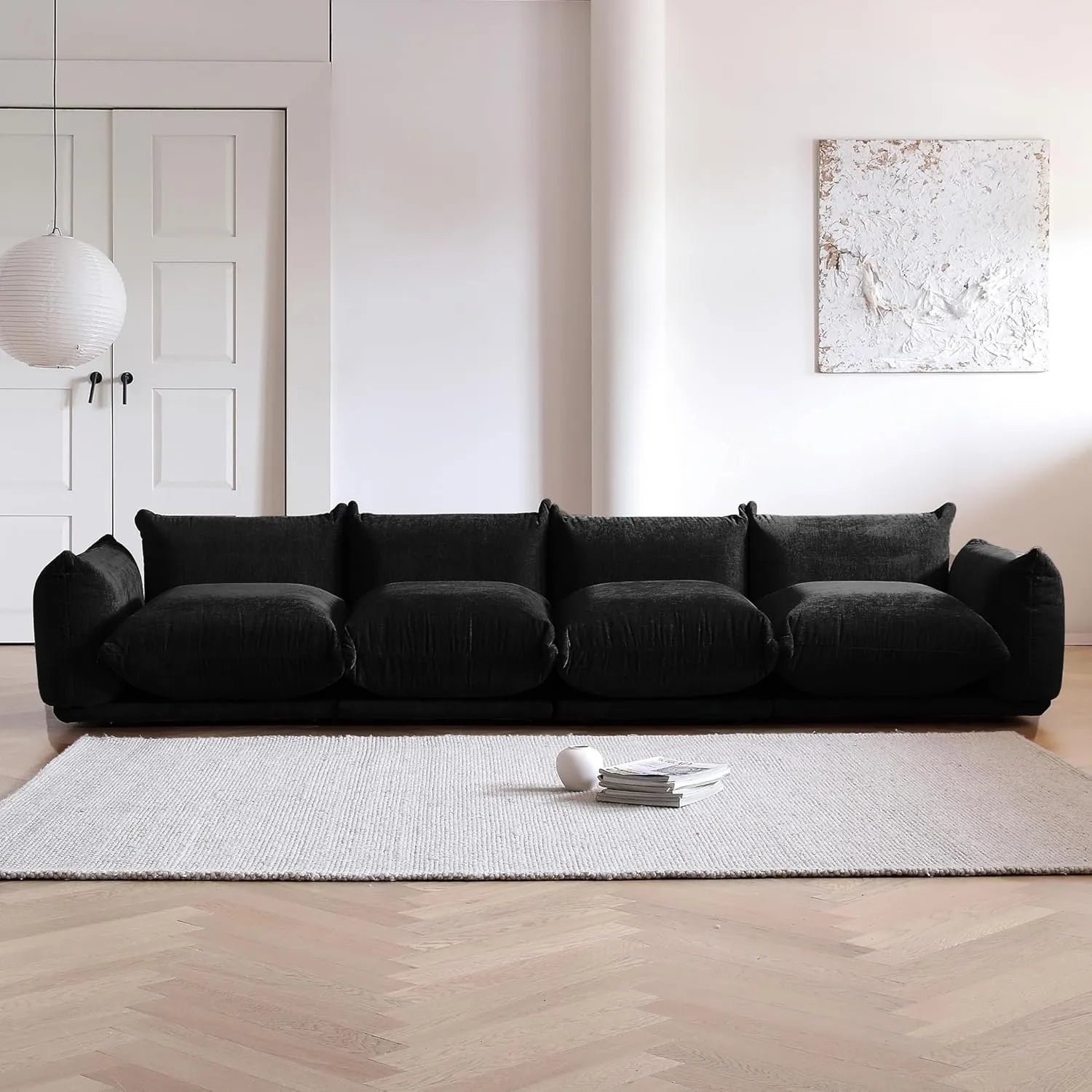 Sofá modular seccional Matrix de 4 plazas en color negro | 4 piezas, tela de chenilla, diseño espacioso