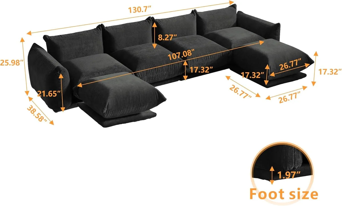 Sofá modular en forma de U Matrix de 4 plazas, color negro | Juego de 6 piezas (incluye 2 otomanas), tejido de chenilla, diseño espacioso.