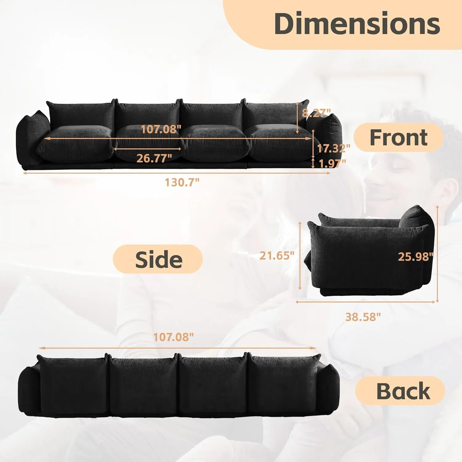 Sofá modular seccional Matrix de 4 plazas en color negro | 4 piezas, tela de chenilla, diseño espacioso