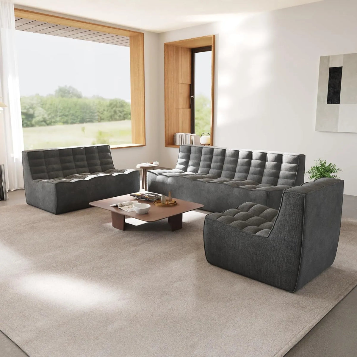 Essential Classic Floor Sofas | 3-Piece Black Chenille and Linen Sofa Sets 6-Seater