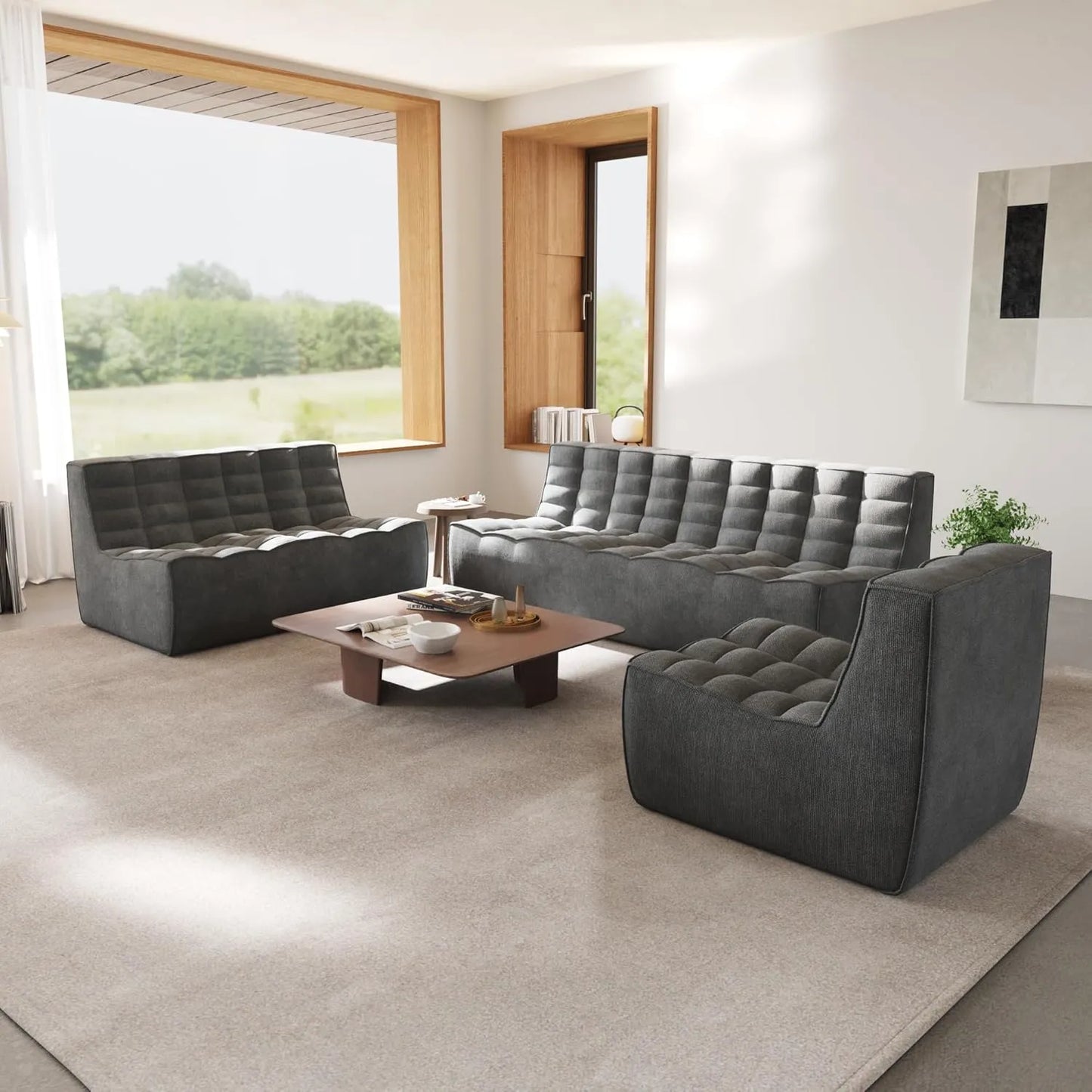 Essential Classic Floor Sofas | Black Chenille and Linen Couch Sectionals 6-seaters