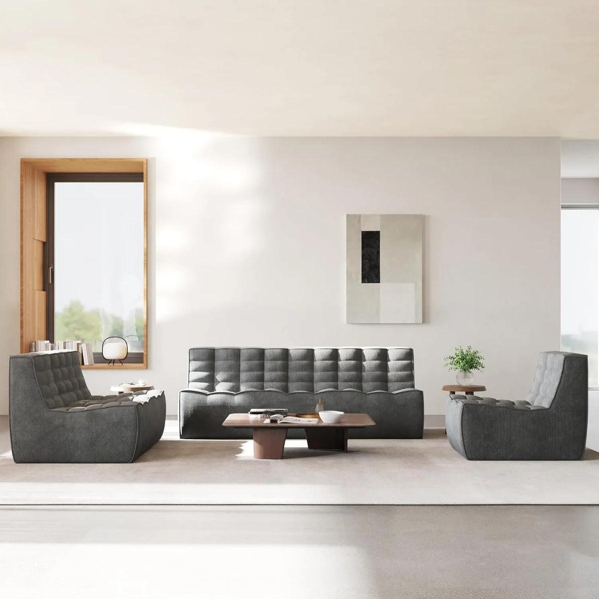Essential Classic Floor Sofas | 3-Piece Black Chenille and Linen Sofa Sets 6-Seater