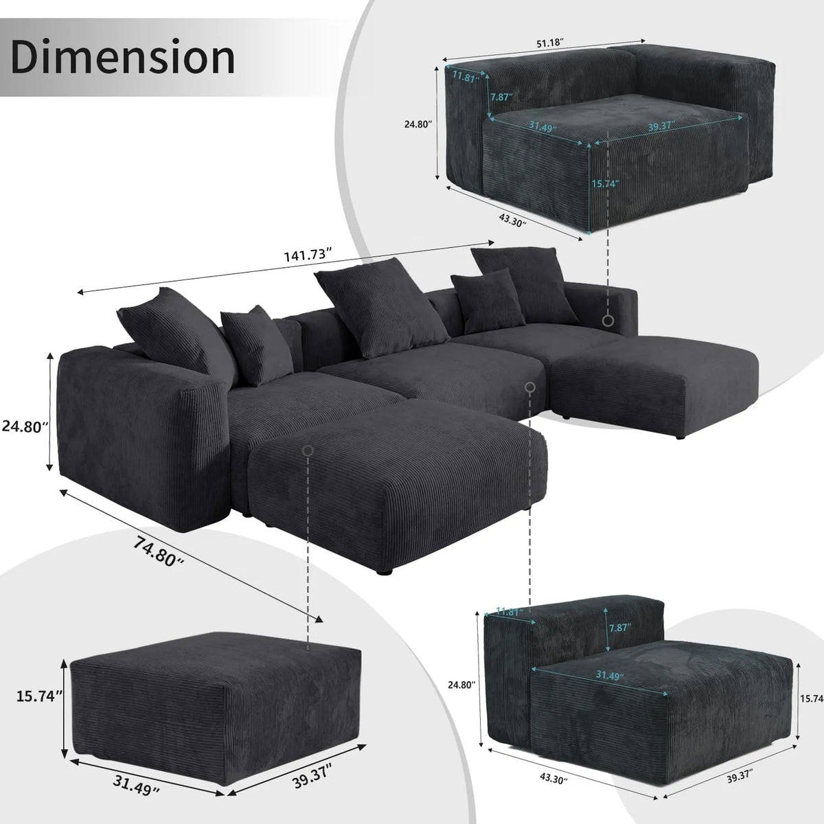 Sofá seccional en forma de U lavable Matrix de 3 plazas, color negro | Juego de 5 piezas (incluye 2 otomanas), tejido de pana, diseño modular