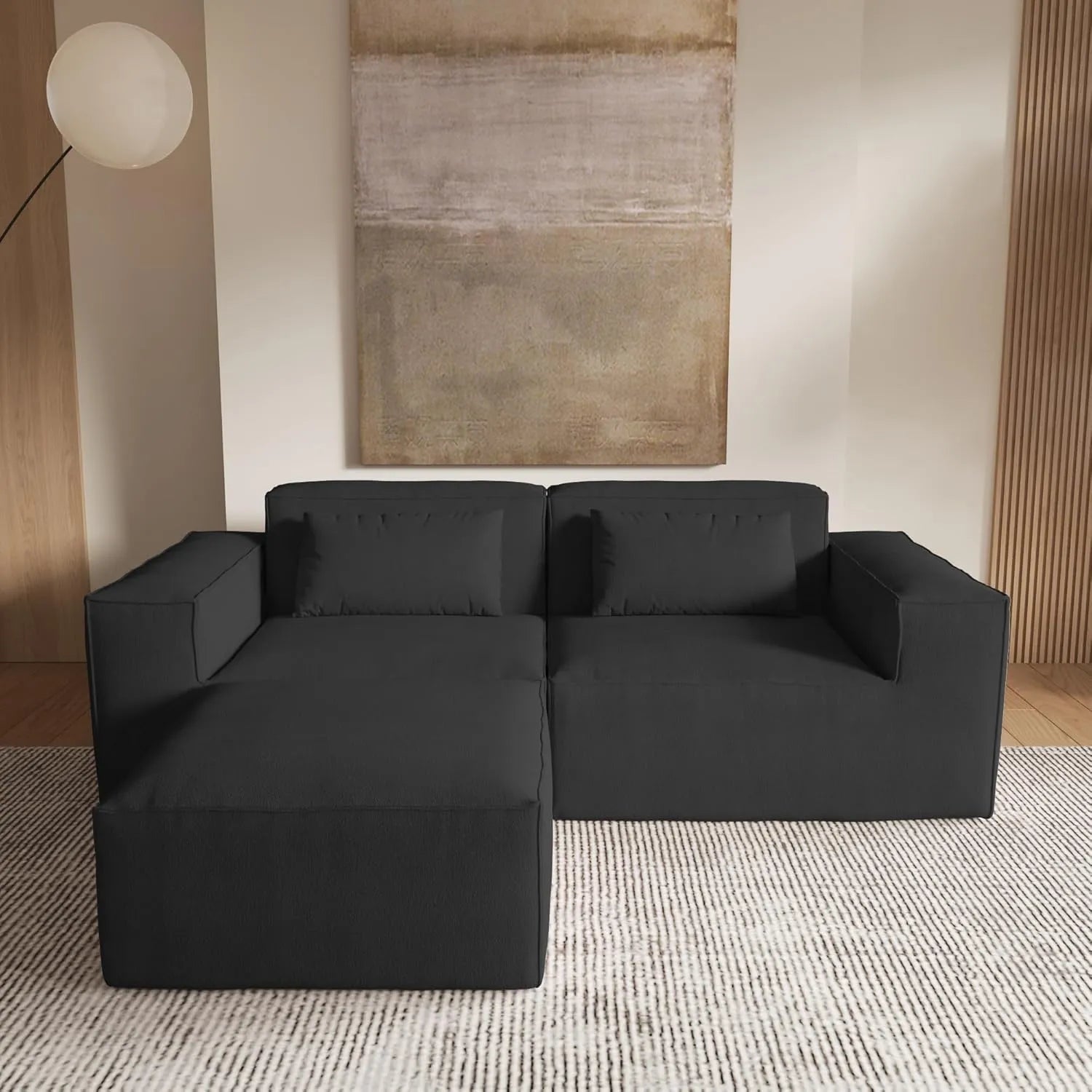 Sofá modular seccional Matrix de 2 plazas con chaise longue, color negro | 3 piezas (incluye 1 otomana), tejido Cloud Velvet, diseño compacto