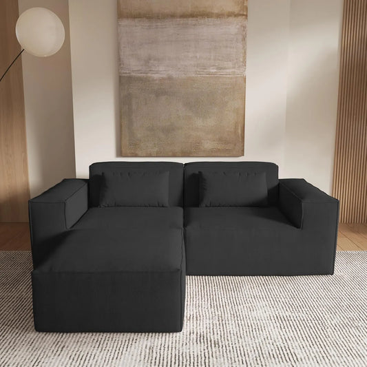 Matrix Classic Sectional Sofas | Black Corduroy L shaped Sectionals 2-seaters with 1 Ottoman