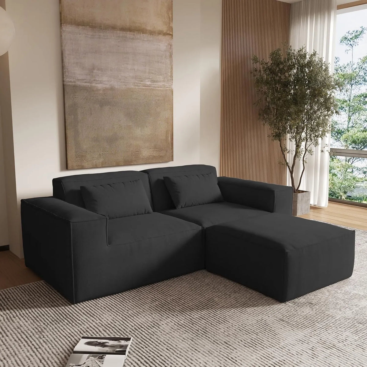 Matrix 2-Seater Black Modular Chaise Sectional | 3-Piece (includes 1 Ottoman), Cloud Velvet Fabric, Compact Design