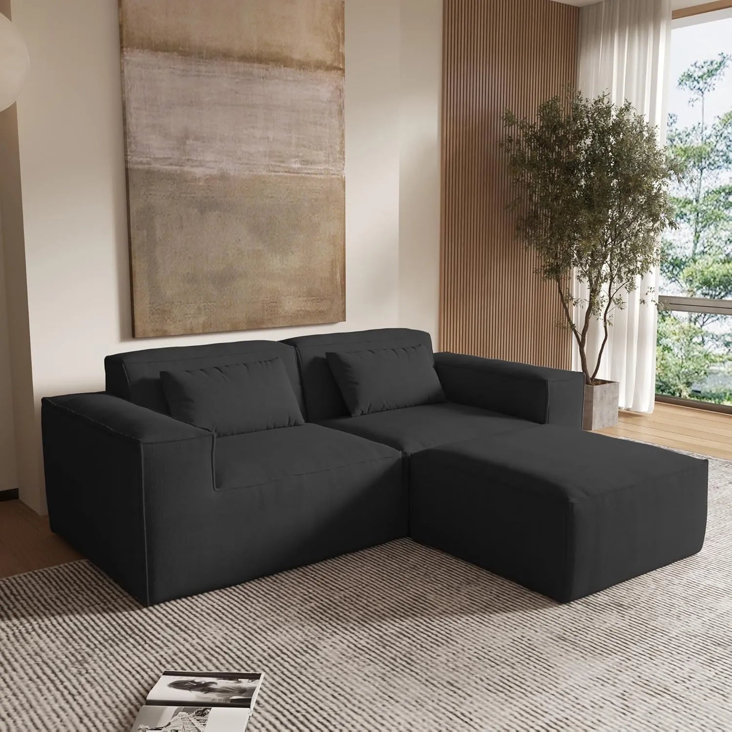 Sofá modular seccional Matrix de 2 plazas con chaise longue, color negro | 3 piezas (incluye 1 otomana), tejido Cloud Velvet, diseño compacto