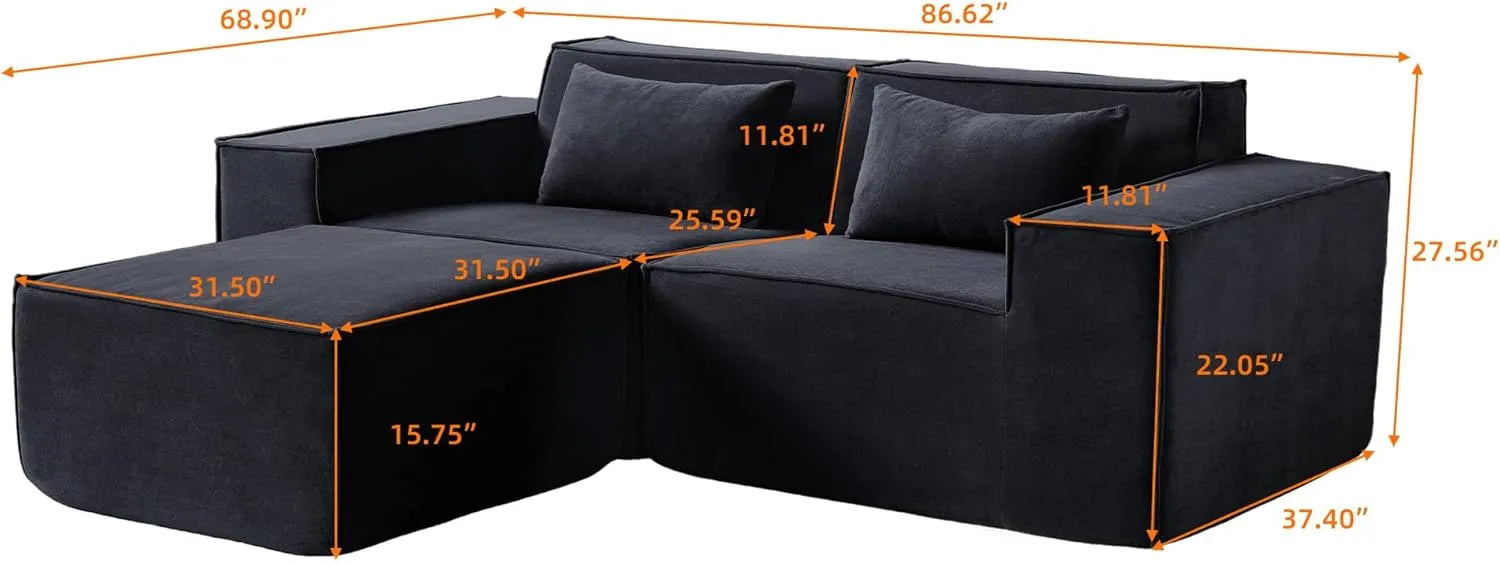 Sofá modular seccional Matrix de 2 plazas con chaise longue, color negro | 3 piezas (incluye 1 otomana), tejido Cloud Velvet, diseño compacto