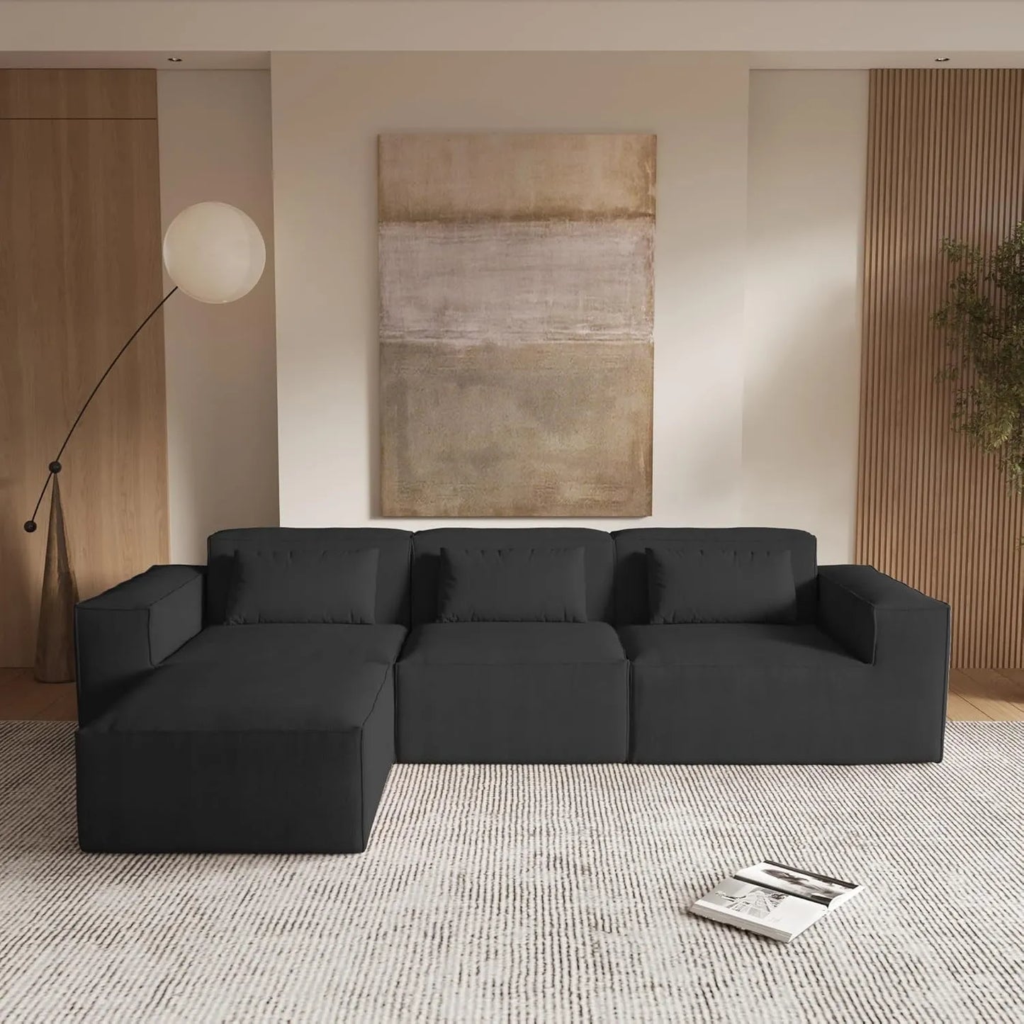 Matrix Classic Sectional Sofas | Black Corduroy L shaped Sectionals 3-seaters with 1 Ottoman
