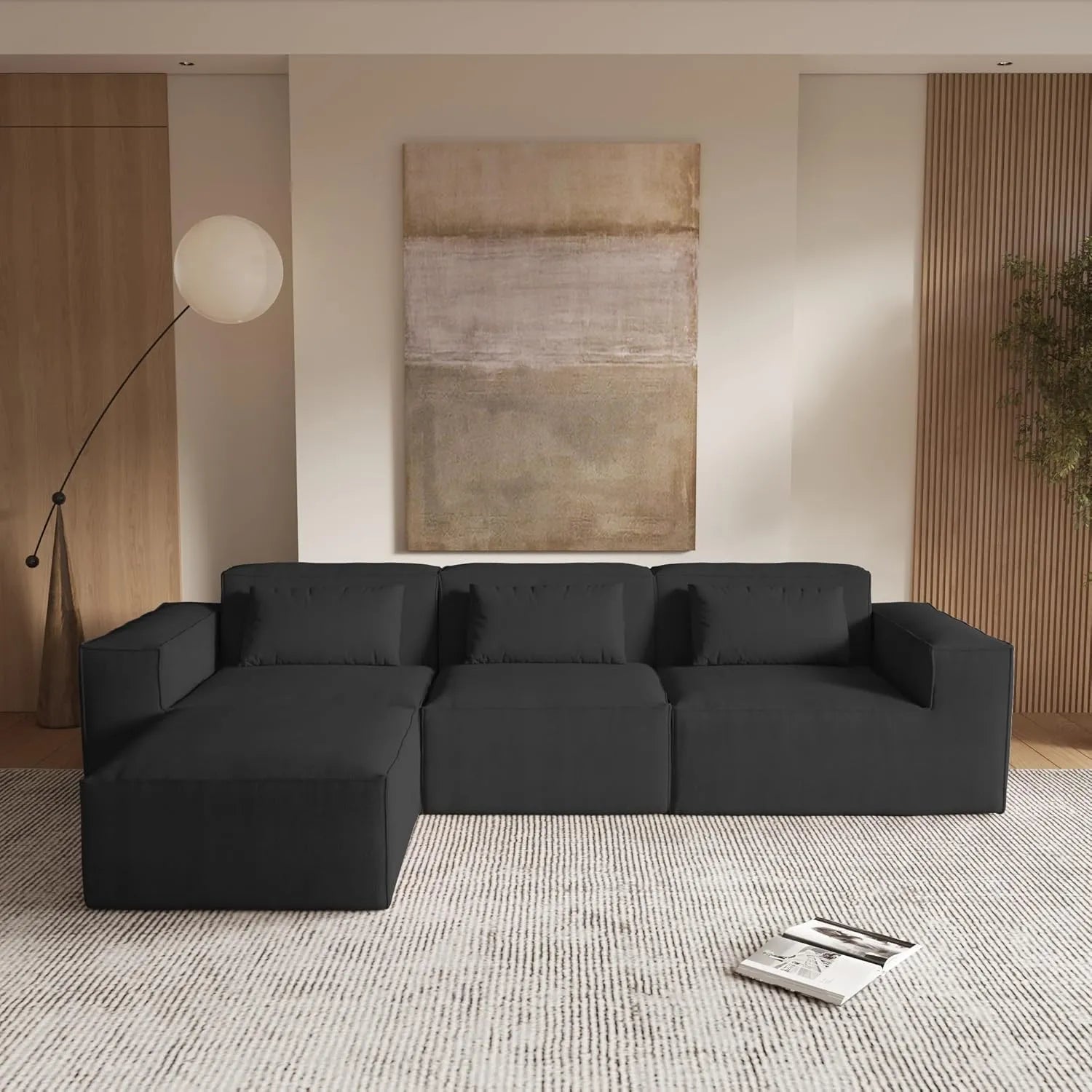 Sofá modular en forma de L Matrix de 3 plazas, color negro | 4 piezas (incluye 1 otomana), tela Cloud Velvet, diseño espacioso