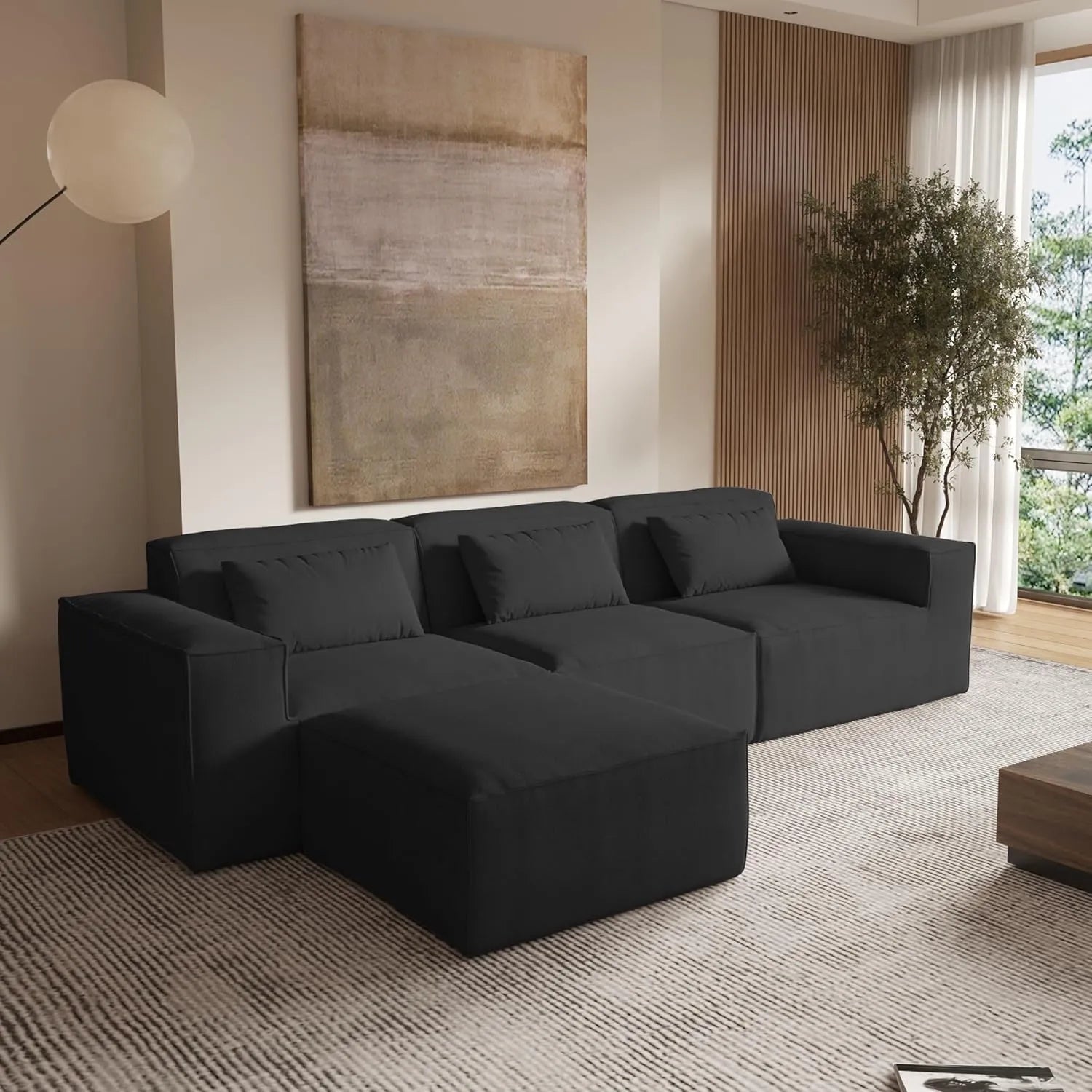 Sofá modular en forma de L Matrix de 3 plazas, color negro | 4 piezas (incluye 1 otomana), tela Cloud Velvet, diseño espacioso