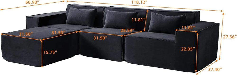 Matrix Classic Sectional Sofas | Black Corduroy L shaped Sectionals 3-seaters with 1 Ottoman