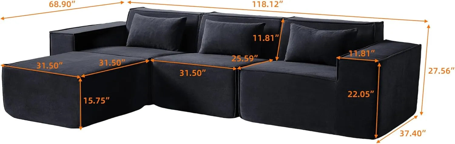 Sofá modular en forma de L Matrix de 3 plazas, color negro | 4 piezas (incluye 1 otomana), tela Cloud Velvet, diseño espacioso
