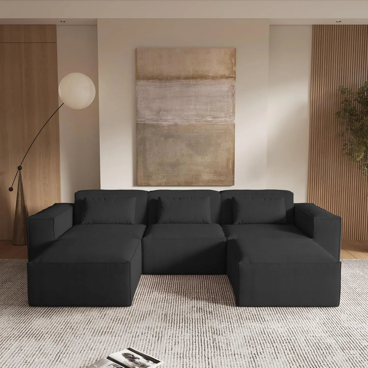 Sofá modular en forma de U Matrix de 3 plazas, color negro | Juego de 5 piezas (incluye 2 otomanas), tapizado en terciopelo Cloud, diseño espacioso.