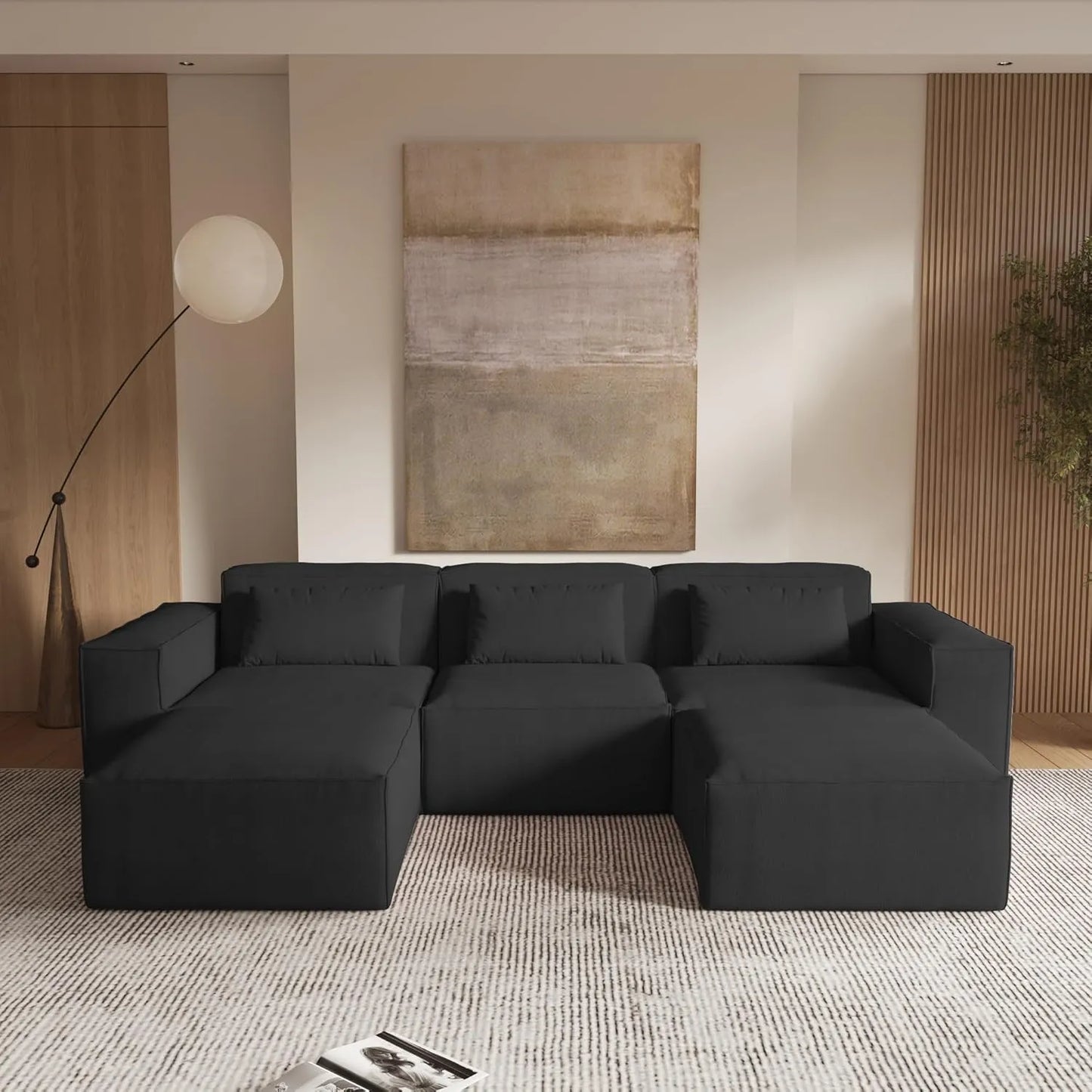 Matrix Classic Sectional Sofas | Black Corduroy U shaped Sectionals 3-seaters With 2 Ottoman